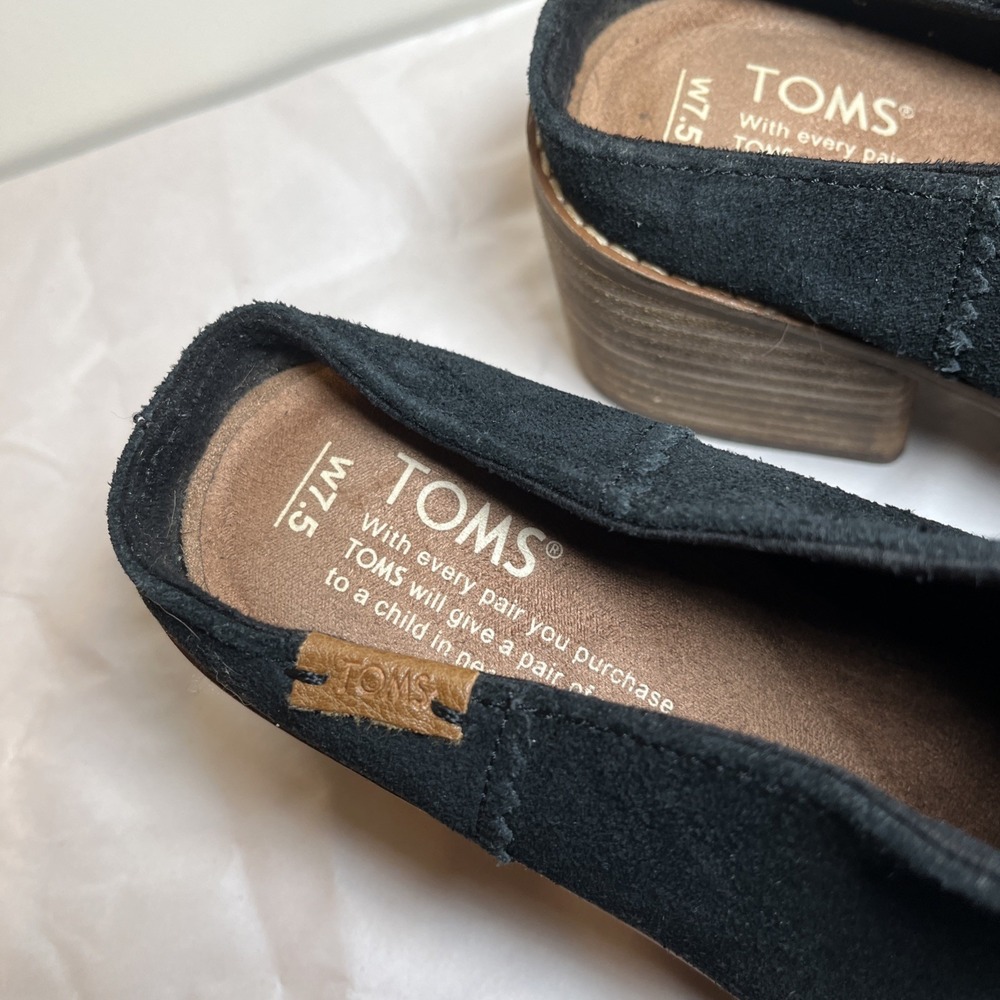 TOM'S Womens LEILA Black Suede Block Heel Mule Clog Slip On Shoes Size 7.5 W EUC - Picture 3 of 10